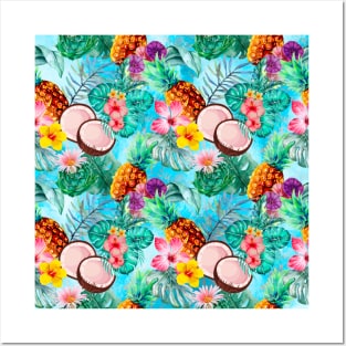 tropical pineapple exotic botanical illustration with floral tropical fruits, blue aqua fruit pattern over a Posters and Art